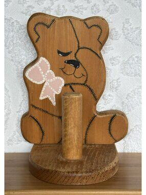 Vintage Wooden Teddy Bear Paper Towel Holder 9 Inch Grandmacore Cottagecore